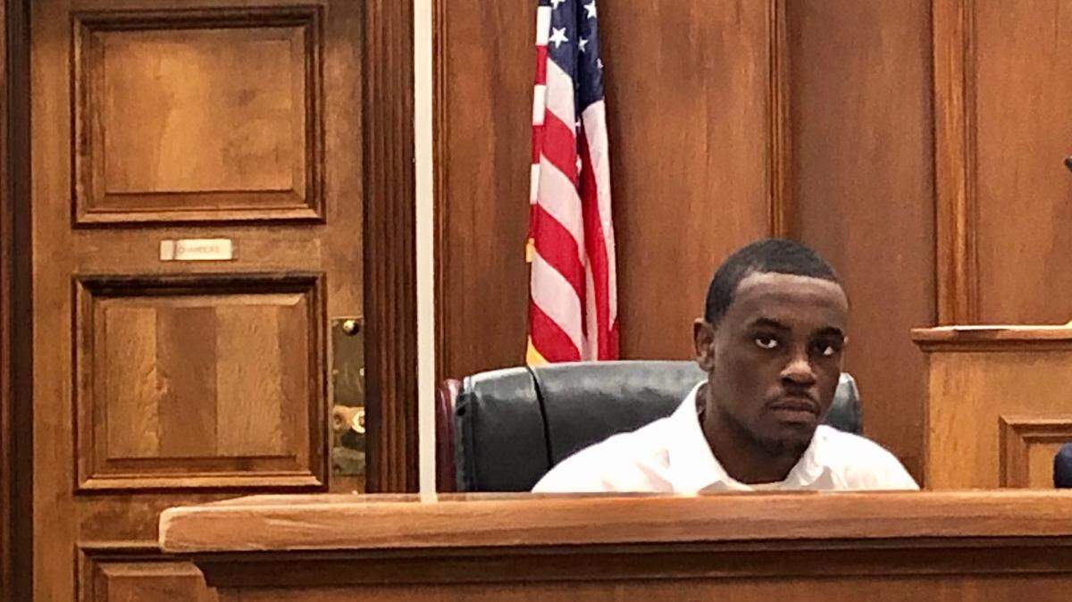 Arie Calloway in Bibb County Superior Court on Tuesday, the first day of his murder trial in the shooting deaths of two convenience store clerks in 2018.