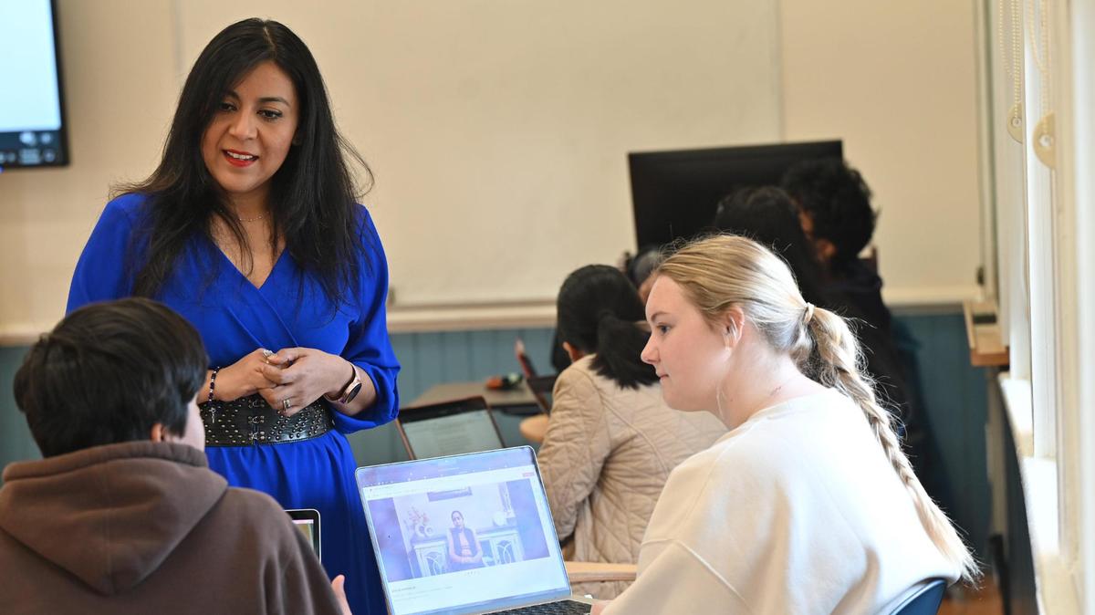 Mercer University senior lecturer of Spanish Libertad Aranza (left) speaks with students in her Immigration and Oral Histories special topics course on Wednesday, Jan. 29, 2025, in Willingham Hall at Mercer University in Macon, Georgia. Aranza and Mercer French professor Dr. Katherine Roseau received a $150,000 grant to develop advanced level language courses on the immigrant experience in Middle Georgia this semester, where their students will conduct oral history interviews in Hispanic and Haitian communities.