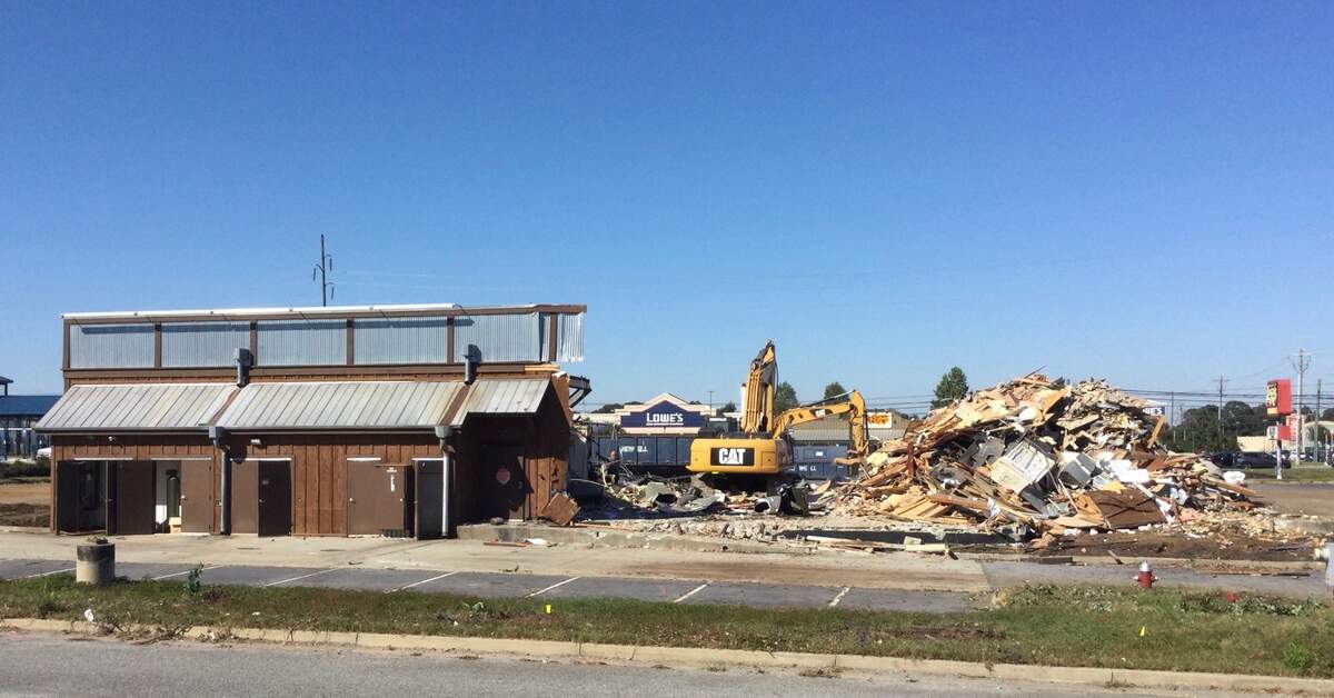 Long-empty Logan’s Roadhouse on Watson Boulevard in Warner Robins coming down to make way for construction of a QuikTrip. This photo was taken from behind what was left of the building on the second day of demolition Tuesday.