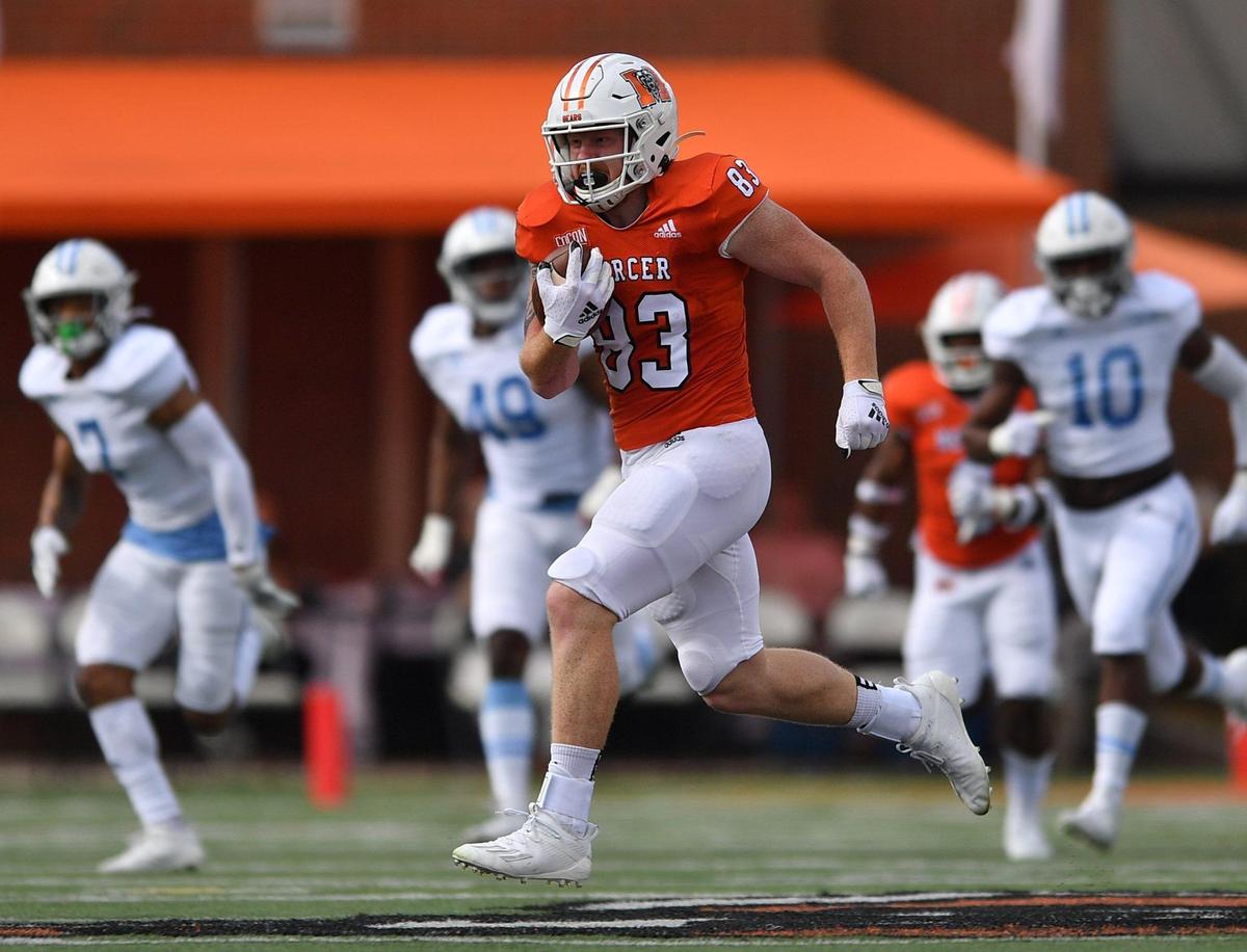 DONN RODENROTH,Macon, Georgia, 02/27/2021: Mercer tight end Drake Starks heads for the endzone with a 75 touchdown touchdown run against the Citadel.