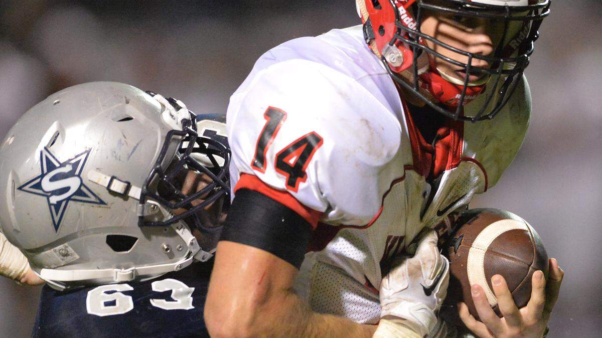 Stratford Eagle Tobe Umerah sacks FPD quarterback Will McCormick behind the lien of scrimmage during first half action Friday night.