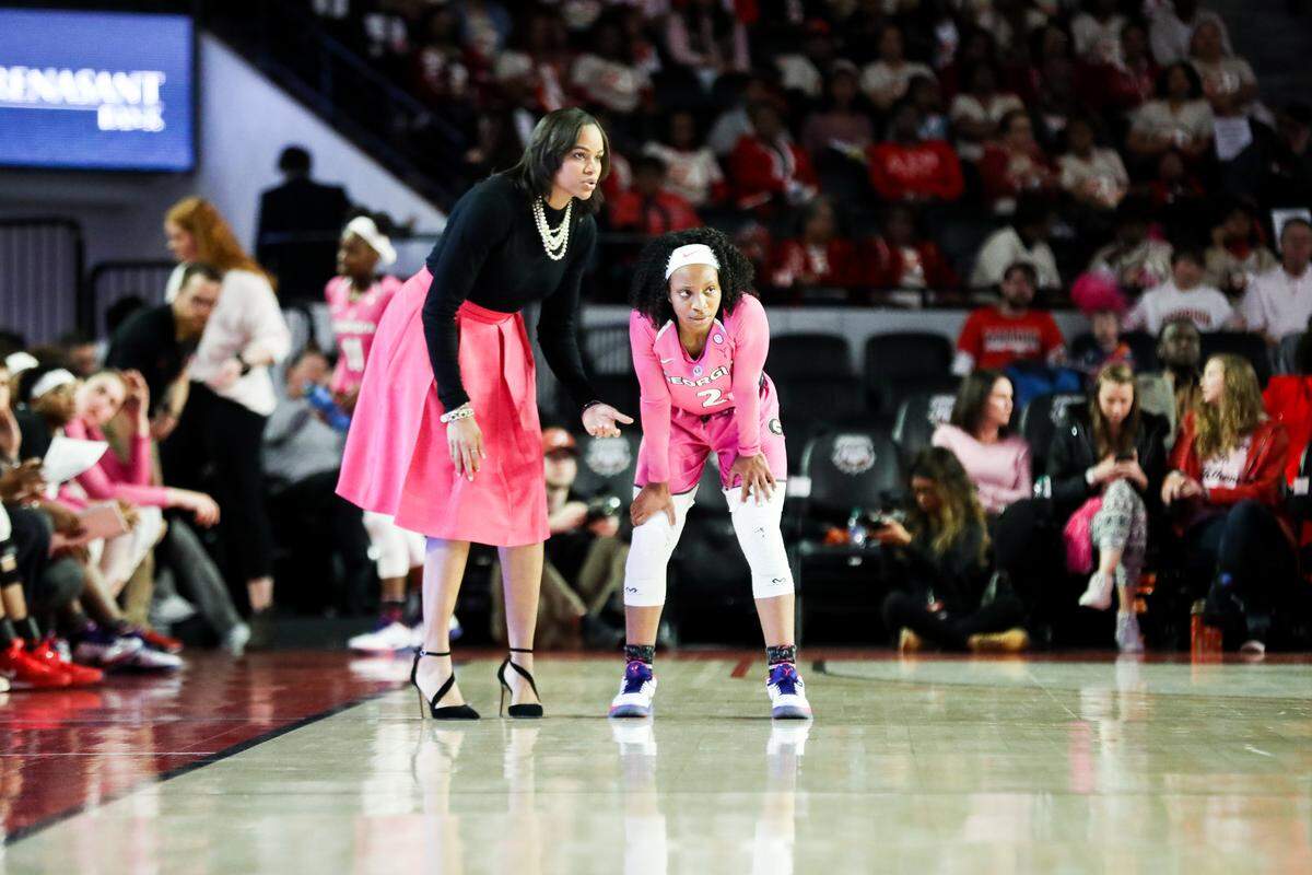 Georgia head coach Joni Taylor, Georgia guard Gabby Connally (2) during a game against Alabama at Stegeman Coliseum in Athens, Ga., on Sun., Feb. 16, 2020. (Photo by Tony Walsh)
