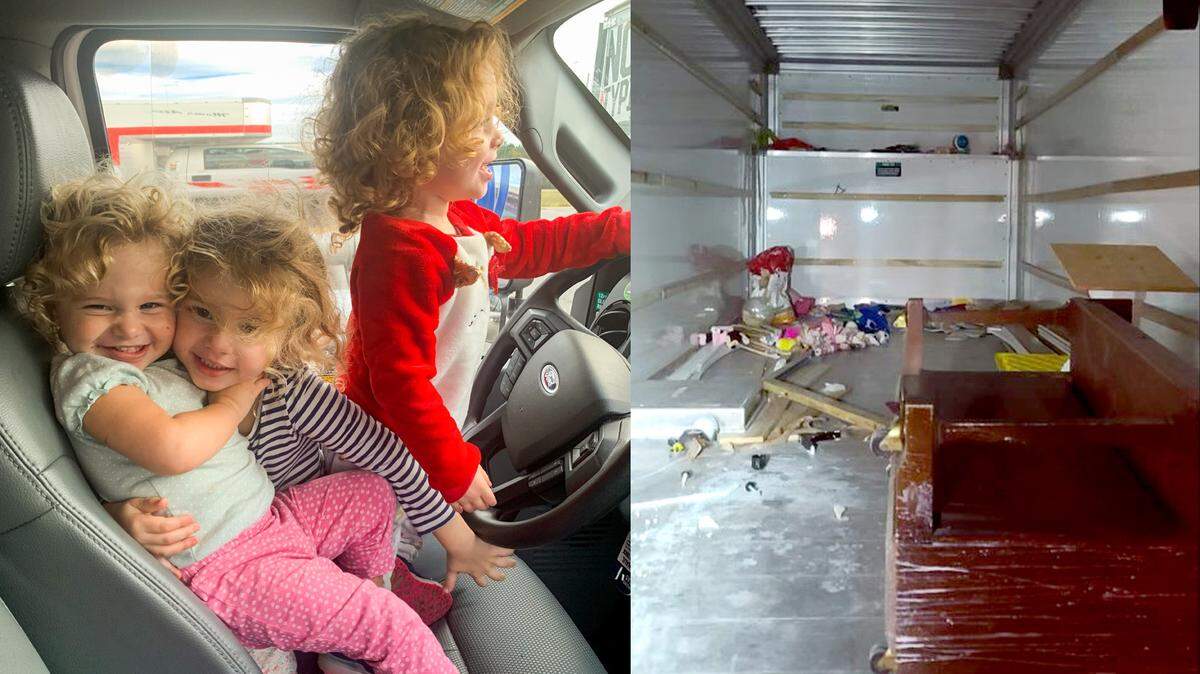 Kathleen Carney’s three daughters playing at the wheel of a parked U-Haul moving truck they had rented last week for a move from Florida to Alabama. The truck was stolen the night of Dec. 13 from an east Macon hotel parking lot where the family stopped to rest. The truck was found earlier this week, all but emptied of the family’s belongings, near Atlanta.