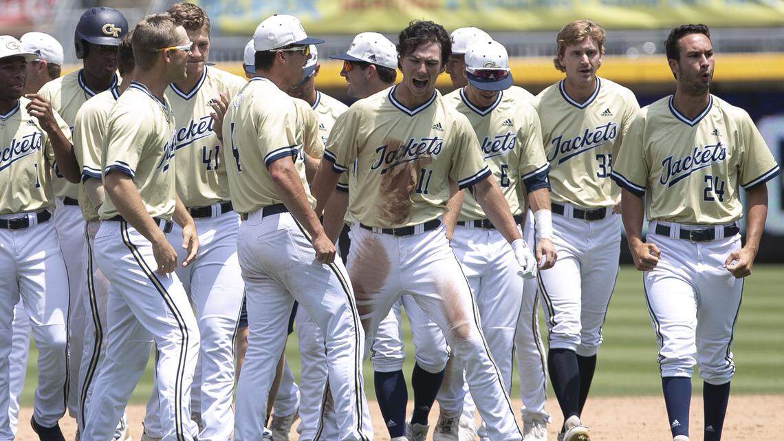 Georgia Tech’s Tristin English (11) celebrates with teammates after a walk-off RBI-double in the ninth inning to give the Yellowjackets a 5-4 victory over Duke in an NCAA college baseball game at the Atlantic Coast Conference tournament in Durham, N.C., Friday, May 24, 2019  (Robert Willett/The News & Observer via AP)