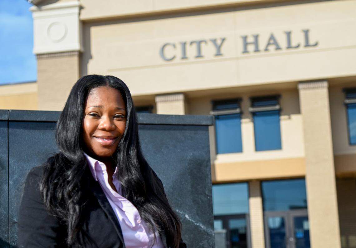 LaRhonda Patrick outside of city hall. Patrick defeated incumbent Randy Toms in November to become the first Black woman elected Warner Robins mayor.