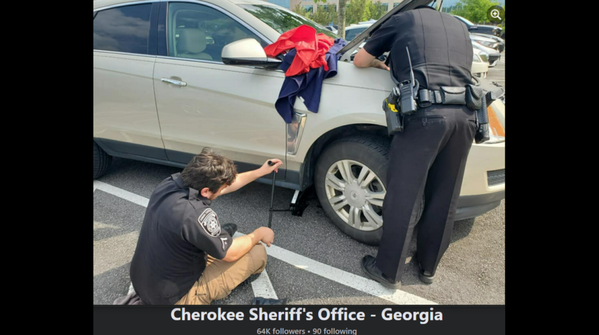 The rescuers squeezed under the SUV to fish out the creature inside, photos show.