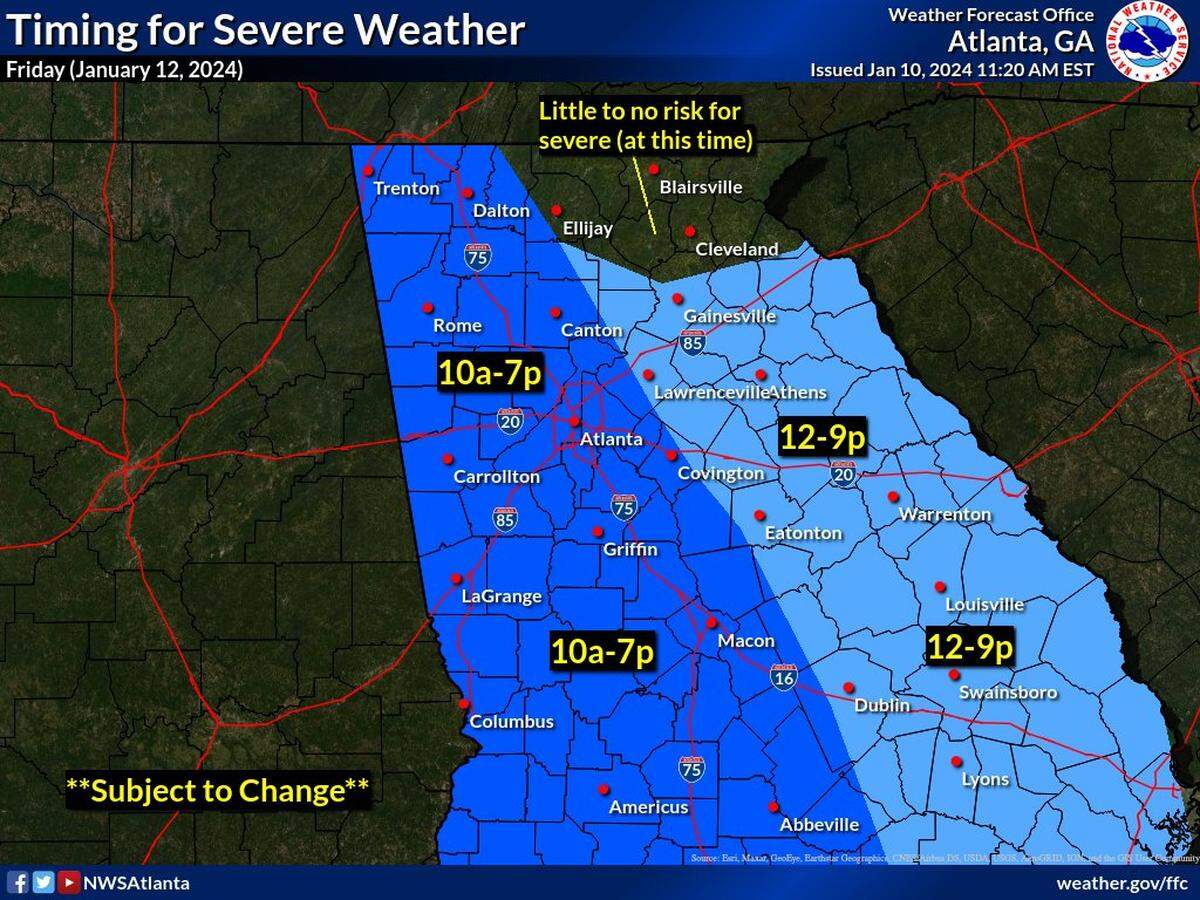 The timing of the storms in Macon, Georgia on Friday from the National Weather Service