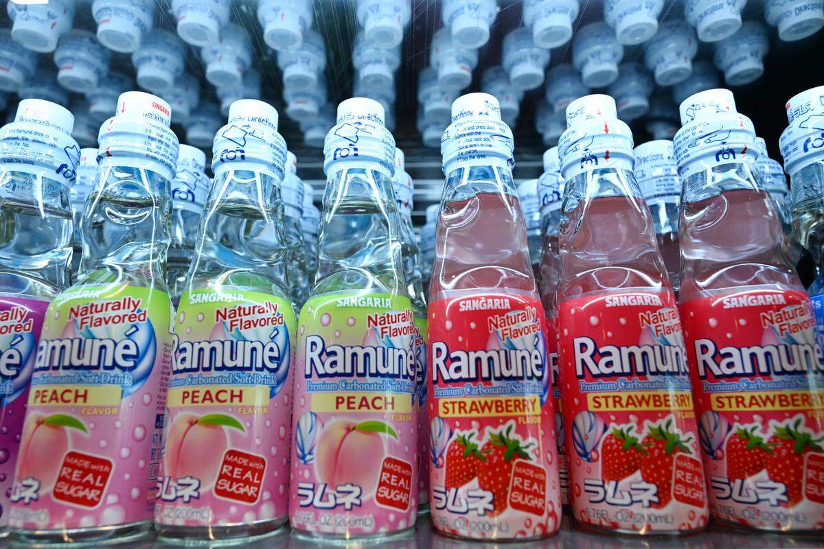 Japanese carbonated soft drink Ramune sits in a fridge inside of Tenmii Japanese Eatery on Tuesday, May 6, 2025, in Warner Robins. The new location offers Japanese snacks and beverages, as well as their menu which features authentic Japanese cuisine. 