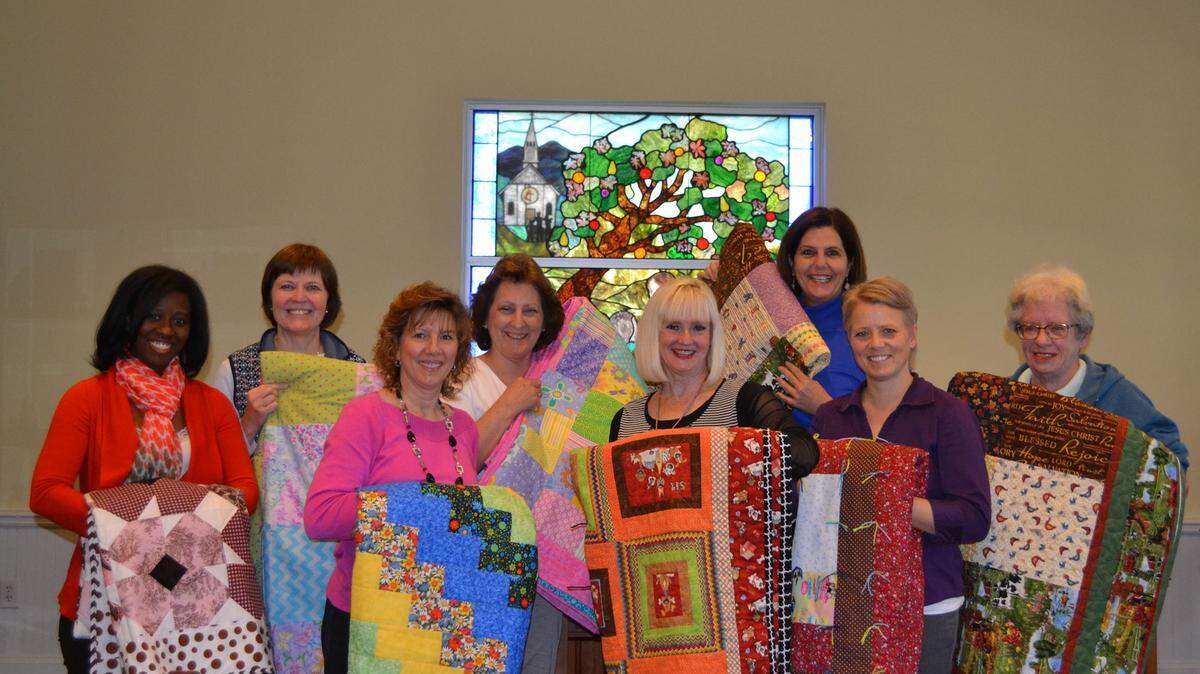 Pictured, from left, are April Beal, Methodist Home; Kathryn Wood, Macon Stake Relief president, Byron; Dee Davis, church member, Cochran; Linda Rhoden, Relief Society president, Warner Robins First ward, Byron; Betsy Pressley, first counselor to Kathryn Wood, Eatonton; Alison Evans, president/CEO of the Methodist Home; Damara Simmon, church member, Bonaire; and Marla Stripling, church member, Marshallville.