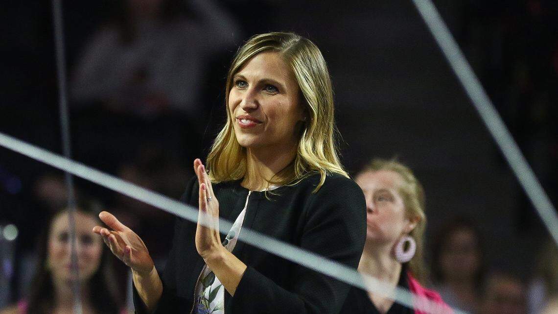 Georgia gymnastics head coach Courtney Kupets Carter during a meet between the University of Georgia and the University of Kentucky in Athens, Ga., on Friday, Feb. 15, 2019.