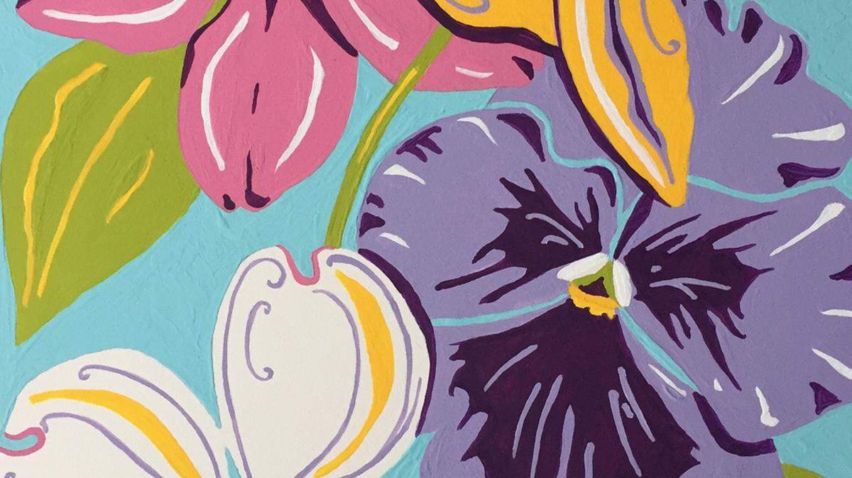 For this year's Cherry Blossom Festival T-shirt design, a daffodil, a two-toned purple pansy, and a dogwood bloom sit in harmony with a pink cherry blossom.