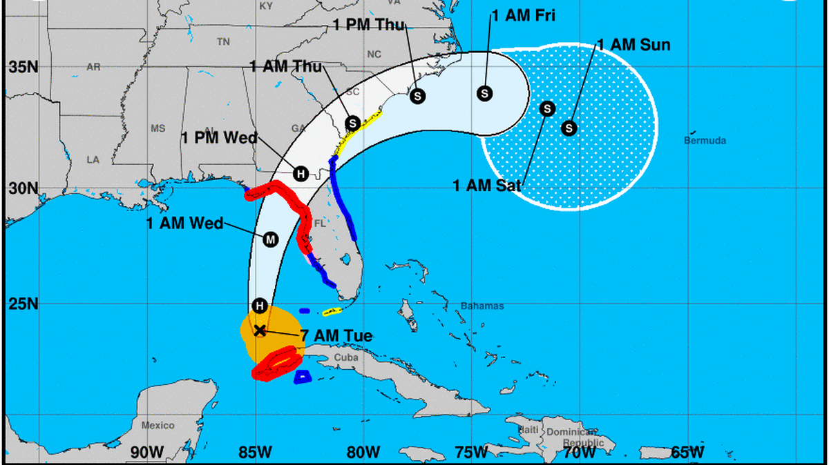 The probable path of the storm center of Hurricane Idalia.