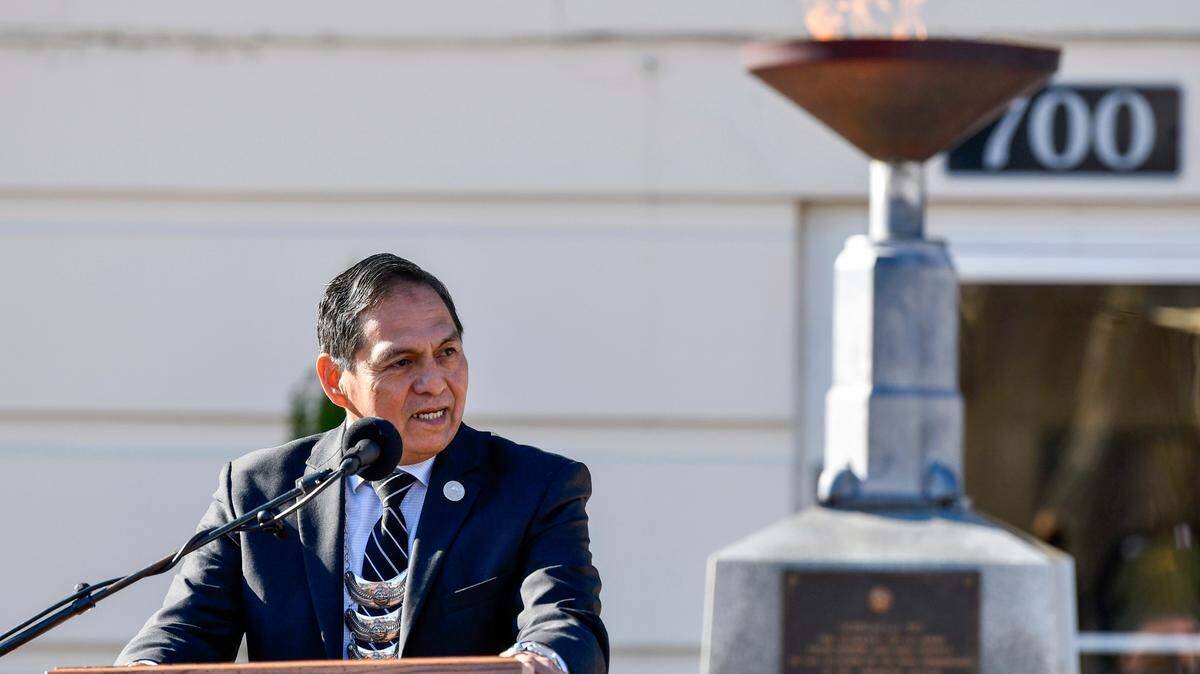 Muscogee (Creek) Nation Chief David Hill speaks during a ‘Forward Together from Ocmulgee to Okmulgee,’ flag-raising ceremony held in January. The first Fire Starters Film Festival will bring Indigenous artists to Macon.
