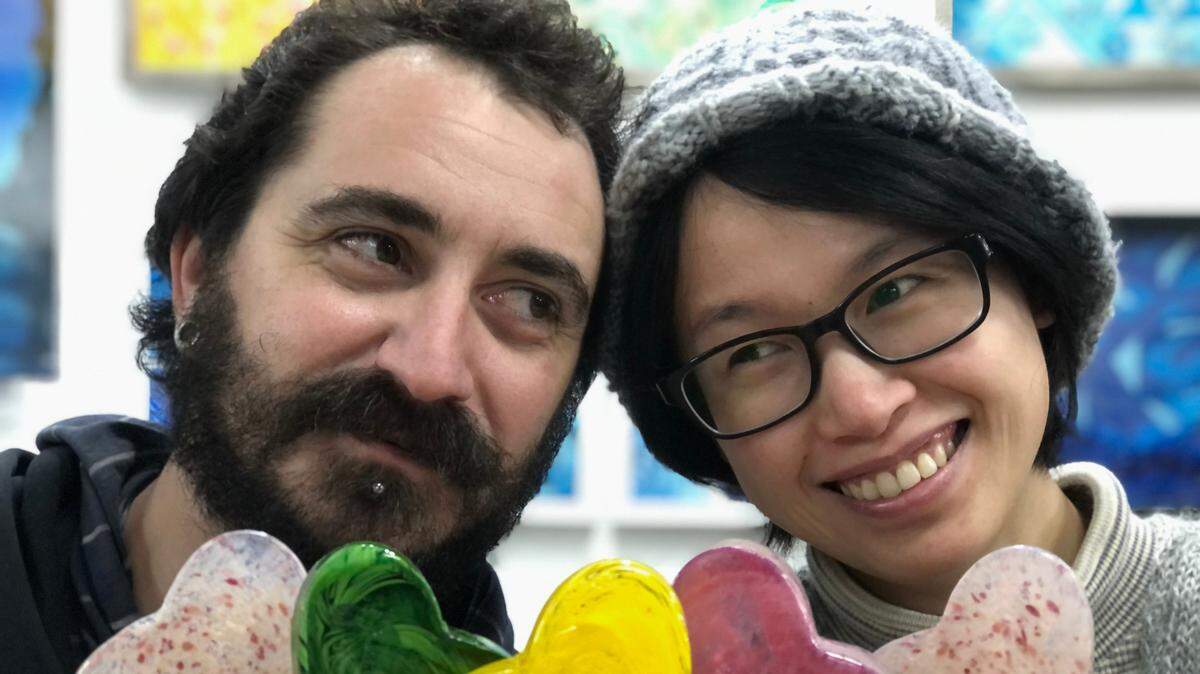 Artist-owners Bryan and Yen-Ting Beck of Startup Studios help others ready for Valentine’s season with classes Saturday on making hearts from pressed molten glass and a special date night.