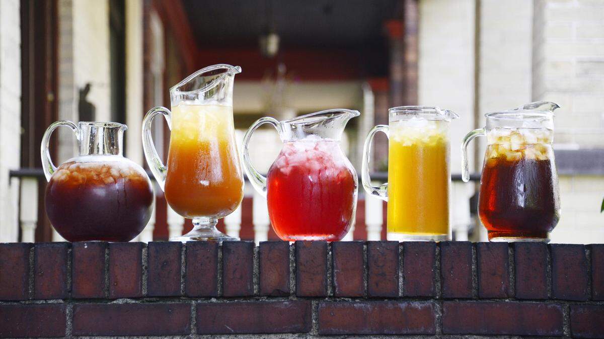 From left, Blueberry Iced Tea, Peach Iced Tea, Boston Iced Tea, Green Iced Tea and Lemon Iced Tea.
