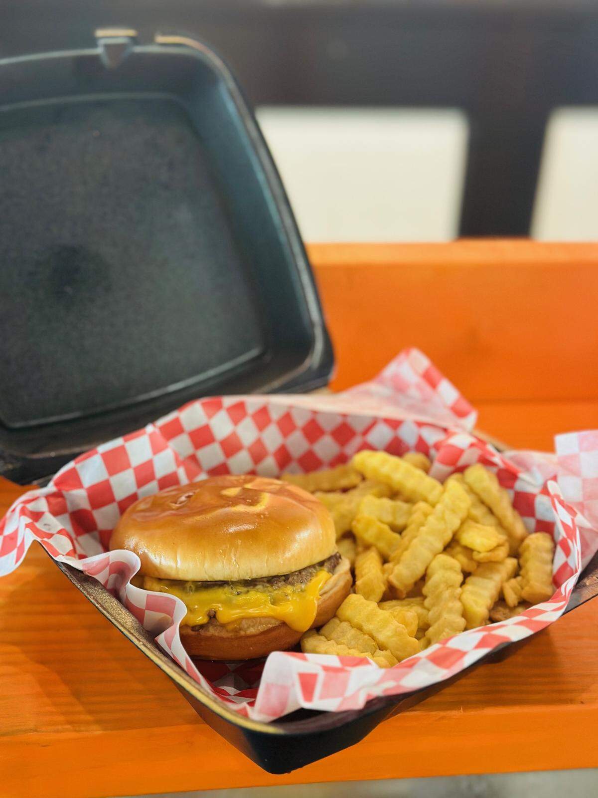 The Original Bear Burger with cheese and fries on the side from Bear Burgers in Macon.