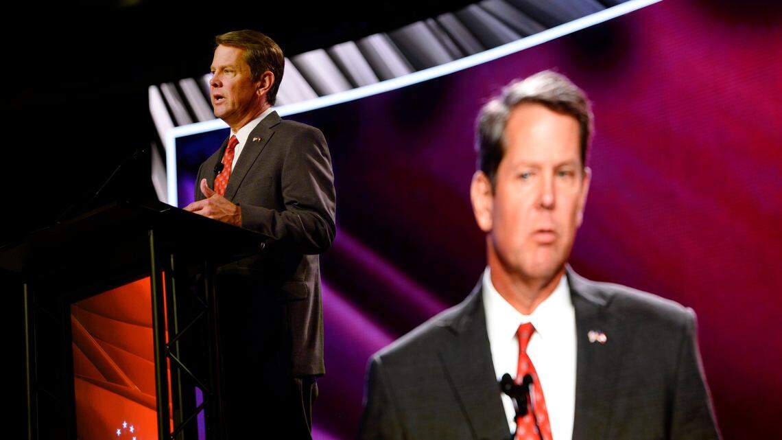 Georgia Republican gubernatorial candidate Brian Kemp makes his pitch to the Georgia Chamber of Commerce at a luncheon in Macon in August.