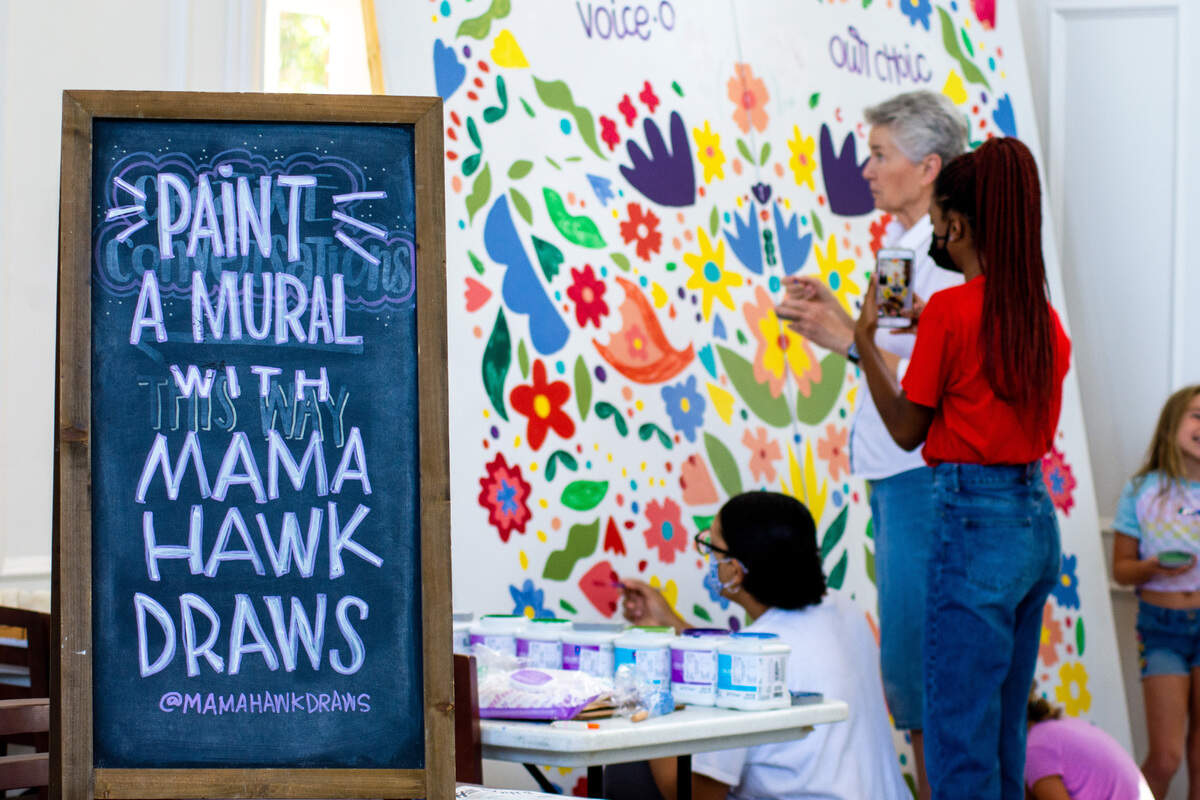 Visitors help paint a mural at Wesleyan College Sept. 17 during a community reproductive rights painting event with artist Erin Hawkins “Mama Hawk Draws”. Wesleyan will unveil the completed mural during a Rep the Rights Rally on Friday, Sept. 30.