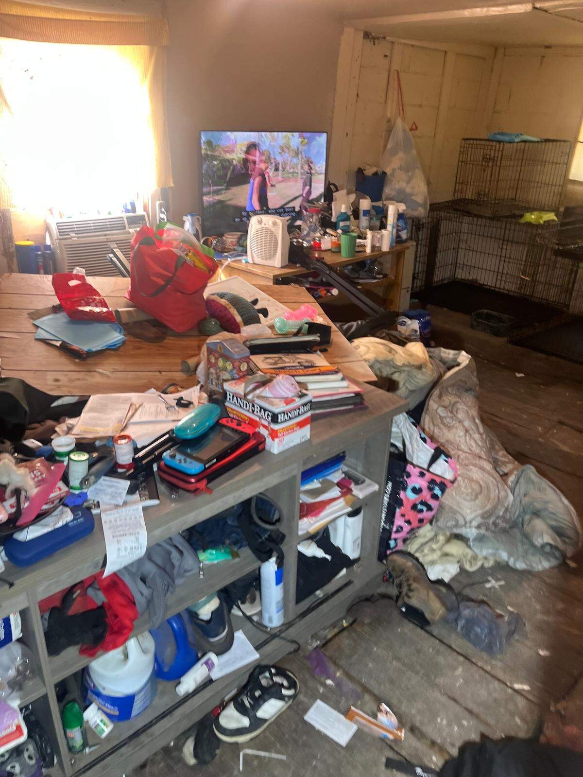 A house was covered in feces, urine, trash and food with 20 dogs and eight cats rescued from inside on Tuesday, Feb. 18, 2025, in Macon, Ga.