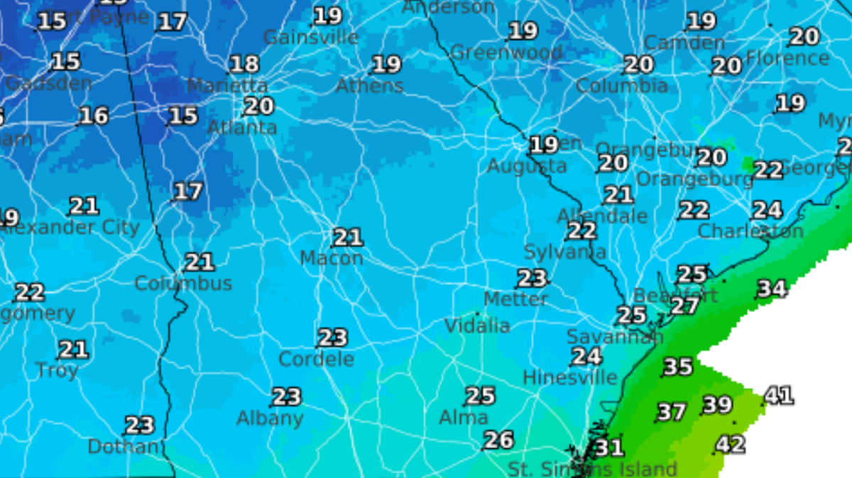 Low temperatures will hit the lower 20s Thursday, Feb. 20, 2025, in Macon, Ga., according to a map by the National Weather Service.
