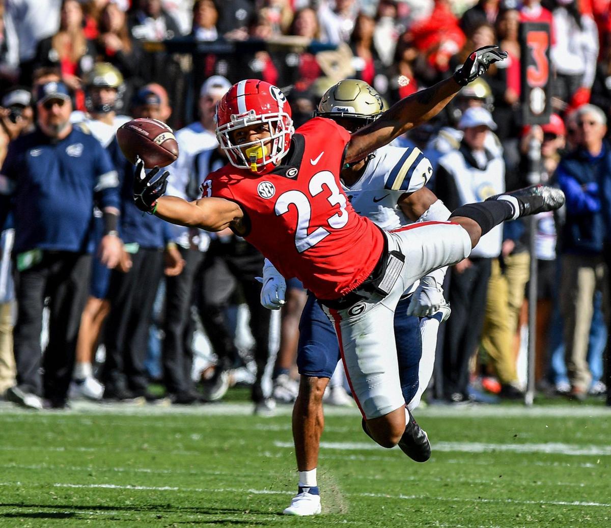 Georgia wide receiver Jaylen Johnson can’t quite reel in the a pass Saturday as the Bulldogs cruised to 56-7 victory over Charleston Southern.