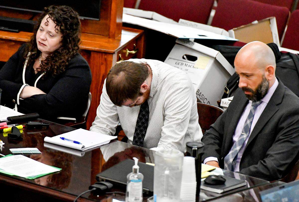 Ricky Allen Dubose hangs his head in court during closing arguments in his death penalty trial on Thursday, June 16, 2022.