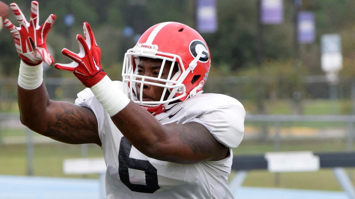 Georgia linebacker Natrez Patrick (6) takes part in TaxSlayer Bowl practice Tuesday in Jacksonville, Florida.