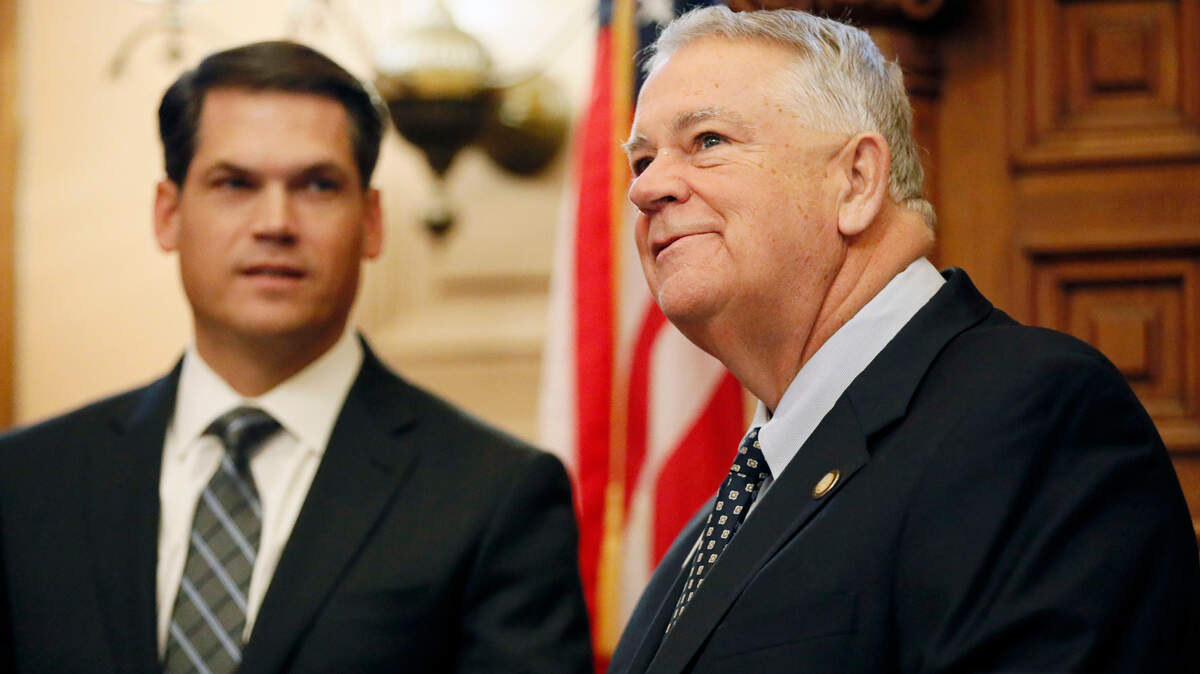 Georgia Lt. Gov. Geoff Duncan, left, joins House Speaker David Ralston as Chief Justice of the Georgia Supreme Court Harold Melton delivers the annual state of the judiciary address before a joint session of the Georgia General Assembly on Tuesday in Atlanta.