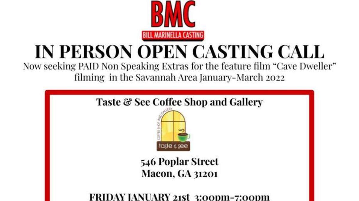 A casting agency is holding an open call for paid, non-speaking extras for a movie being filmed in the Savannah-area Friday at Taste-and-See coffee shop.