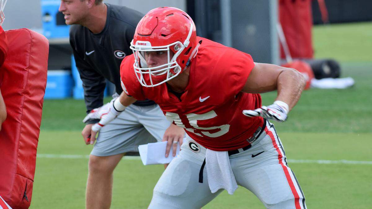 Georgia tight end Luke Ford (45) during the Bulldogs’ practice on the Woodruff Practice Fields in Athens, Ga., on Thursday, Aug. 9, 2018. (Photo by Steven Colquitt)