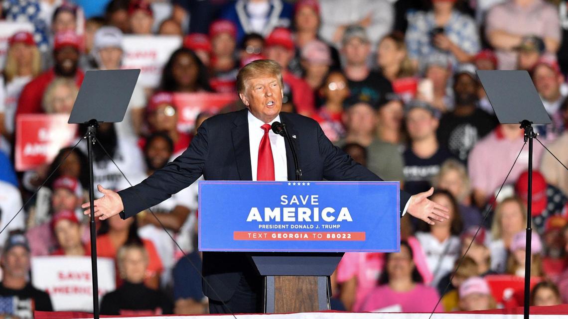Former President Donald Trump speaks to thousands of his supporters at a rally in Perry Saturday evening. Trump visited Middle Georgia for the first time since the 2020 campaign season.