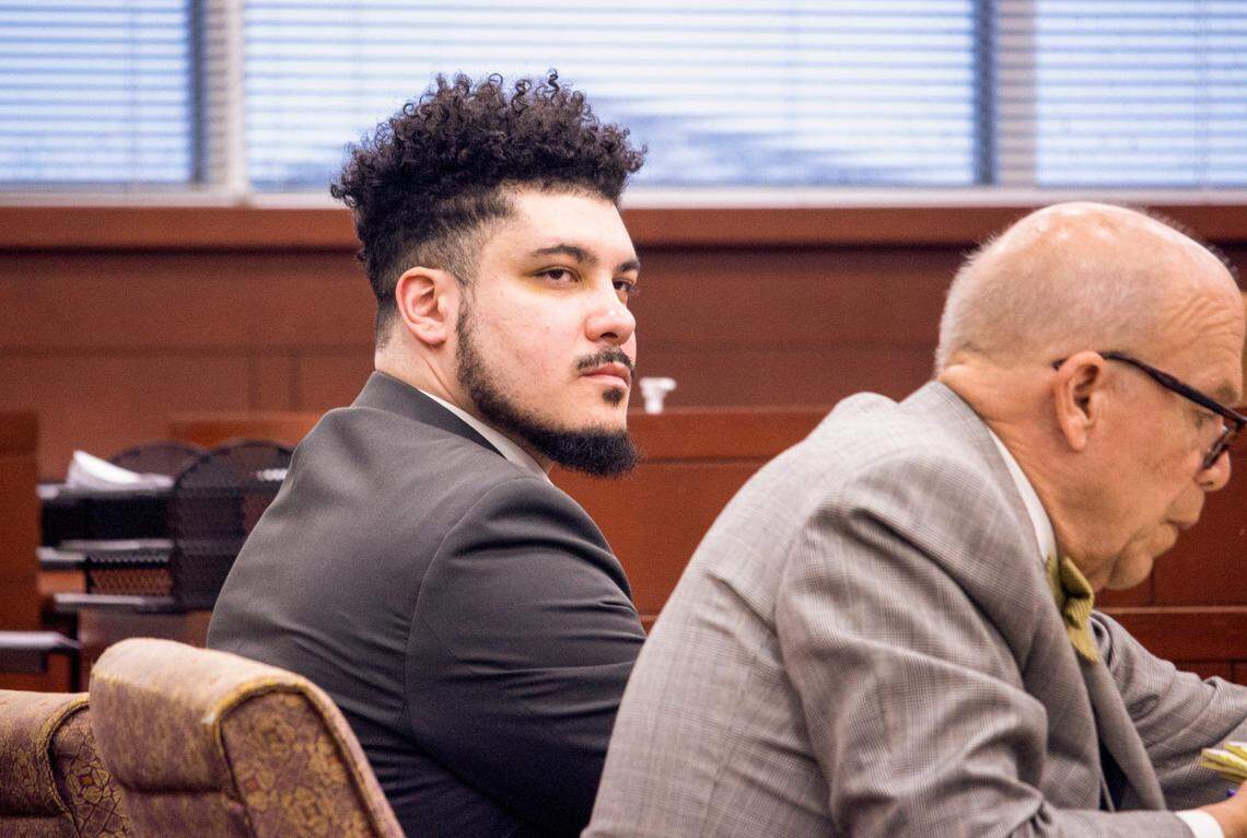 Anthony Douglas Shoffner Jr. sits in a Houston County Superior courtroom Tuesday afternoon during his murder trial. Shoffner Jr. is accused of killing his mother and stepfather in a knife attack in March 2020 at the Houston Lake Road apartments where they all lived.