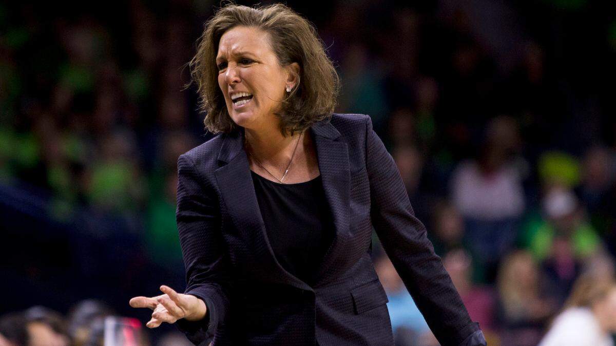 In this Feb. 3, 2019, file photo, Georgia Tech head coach MaChelle Joseph yells to her bench during an NCAA college basketball game against Notre Dame, in South Bend, Ind. MaChelle Joseph has been fired as the women’s basketball coach at Georgia Tech. The school announced the decision Tuesday, March 26, 2019, saying the decision followed an independent investigation into alleged mistreatment of players and staff. Joseph’s attorney countered that the coach was being punished for complaining about gender equity issues at the Atlantic Coast Conference school.