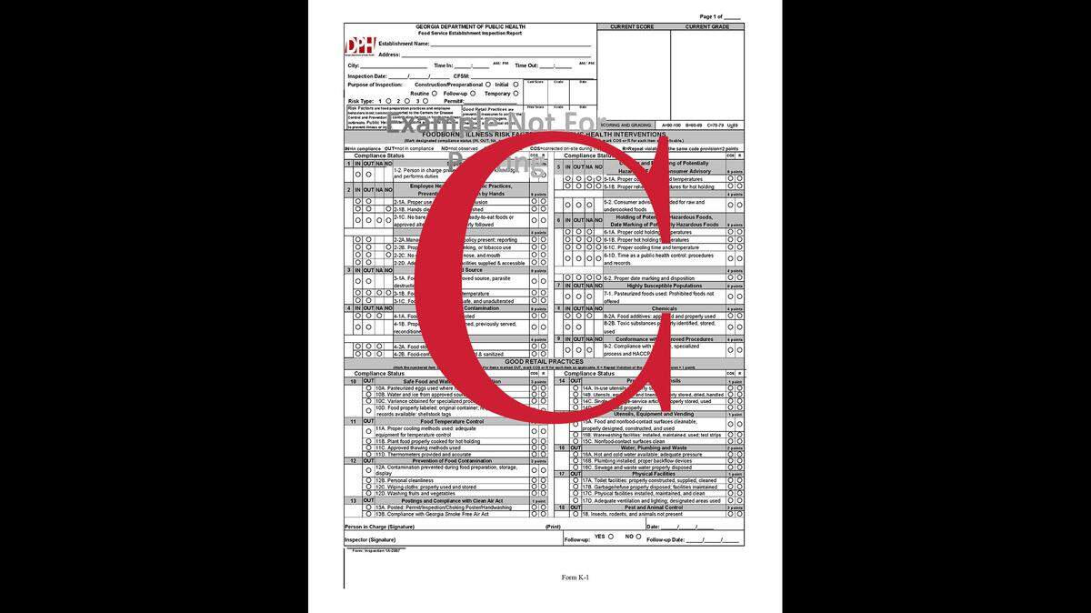 “C” for a score from 70 to 79 for “marginal compliance” on a Georgia Department of Public Health restaurant inspection.