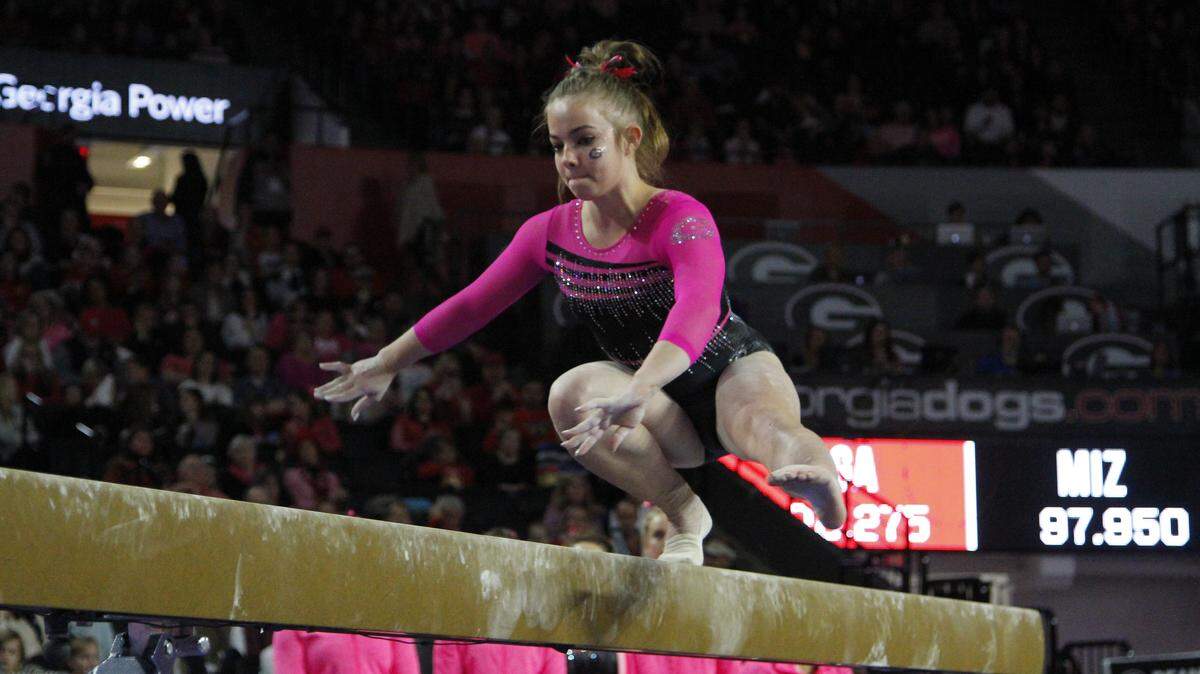 Freshman Marissa Oakley scored career-bests on both beam (pictured above) and bars in Georgia's win over Missouri.