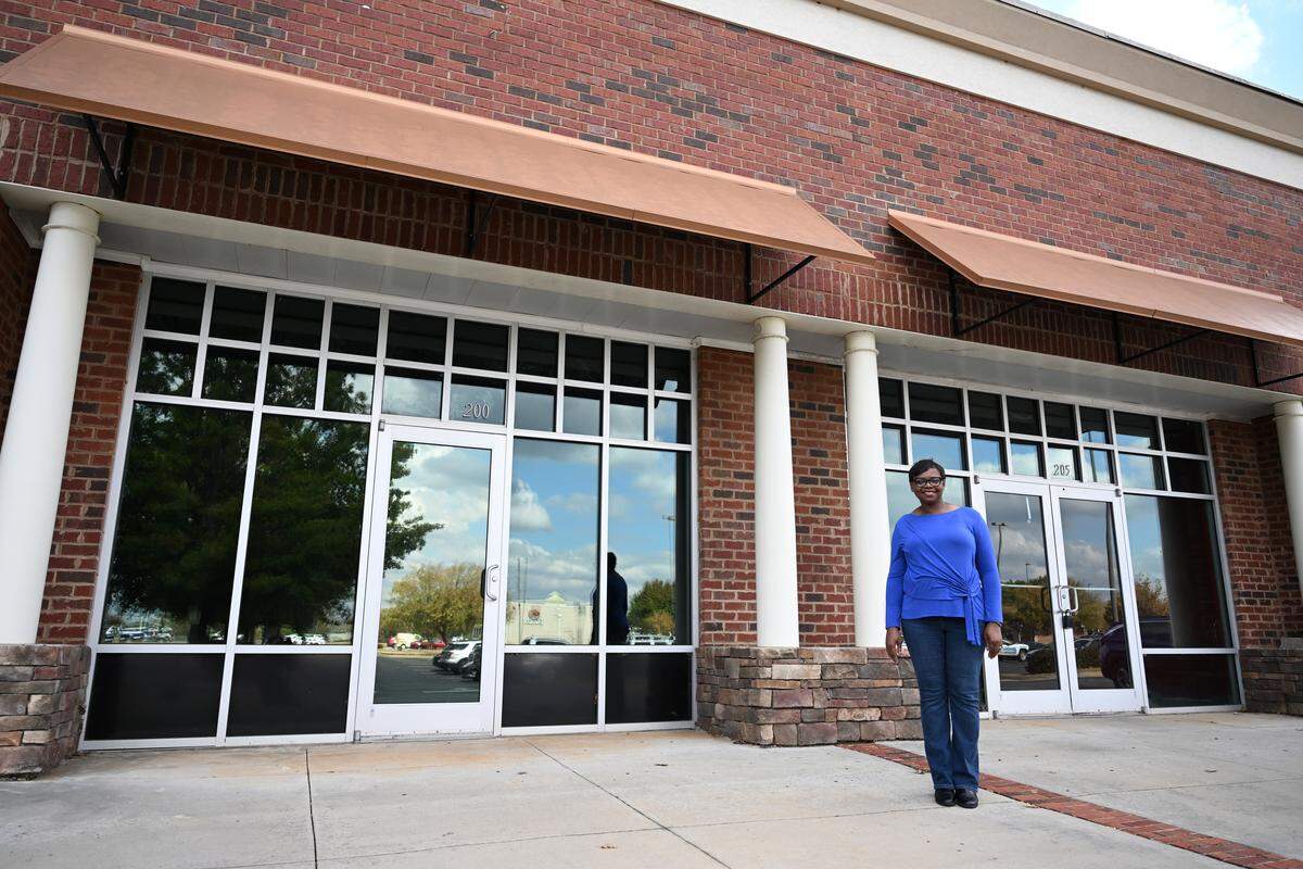 U.S. Air Force veteran and Eggs Up Grill franchise restaurant owner Celia Henderson-St. Louis stands in front of the future space for Eggs Up Grill in Warner Robins. The restaurant will be located at far end of The Shoppes at Houston Lake anchored by the Kroger Marketplace off Ga. 96.
