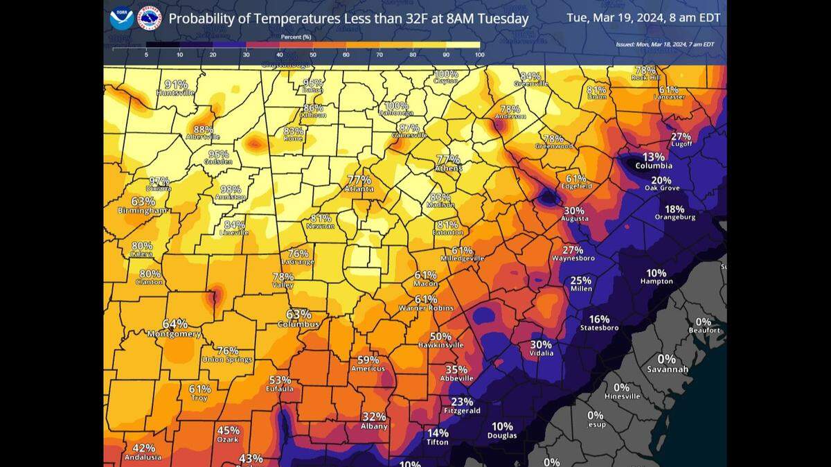 Much of middle and northern Georgia is likely to see freezing cold temperatures in the early-morning hours of Tuesday, March 19, according to the National Weather Service.
