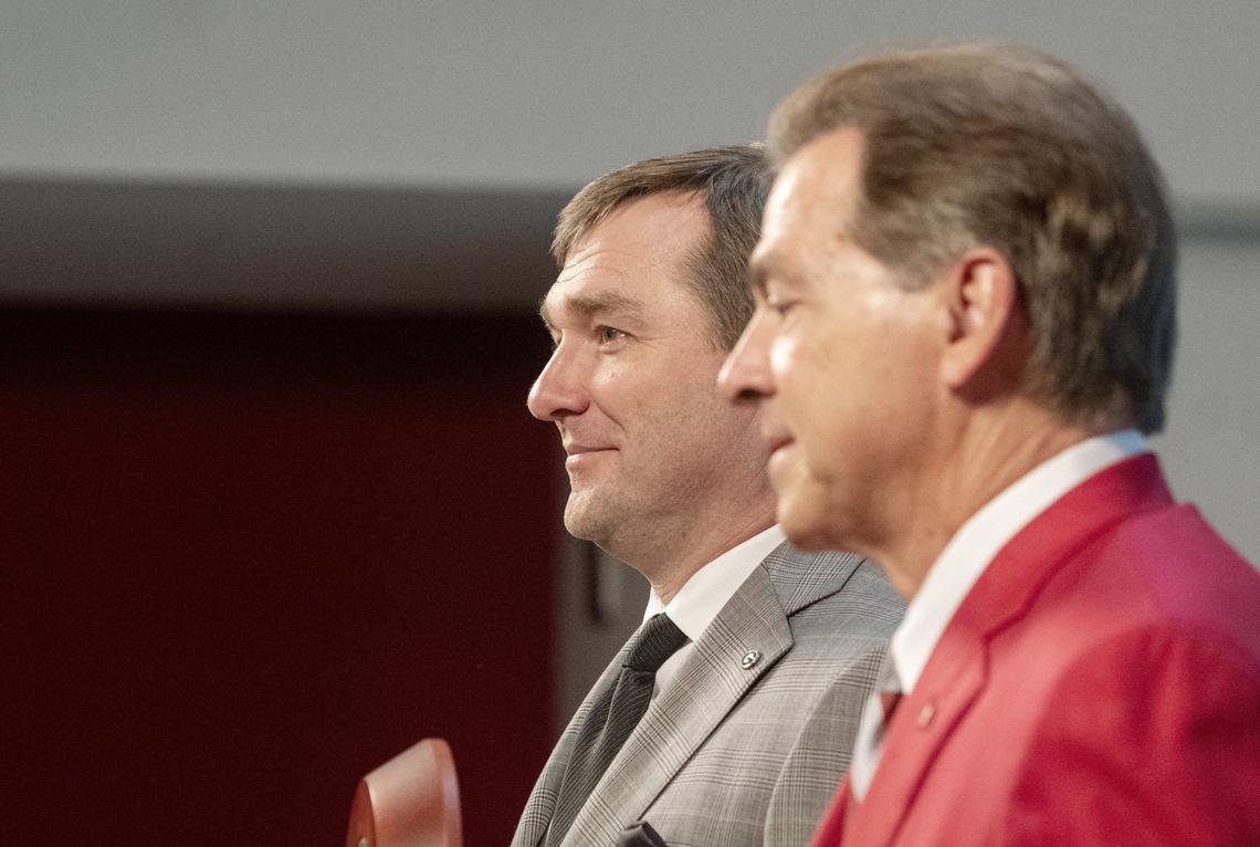 Alabama, coached by Nick Saban, right, has won six of the past eight SEC championship games. Georgia, coached by Kirby Smart, left, has played in four of the past five SEC championship games (winning in 2017) and is the reigning national champion.