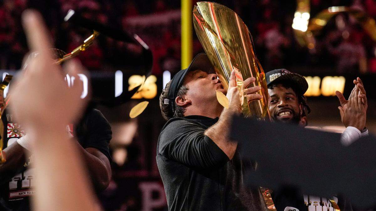 Georgia head coach Kirby Smart celebrates victory over TCU after the national championship NCAA College Football Playoff game, Monday, Jan. 9, 2023, in Inglewood, Calif. Georgia won 65-7. (AP Photo/Marcio Jose Sanchez)