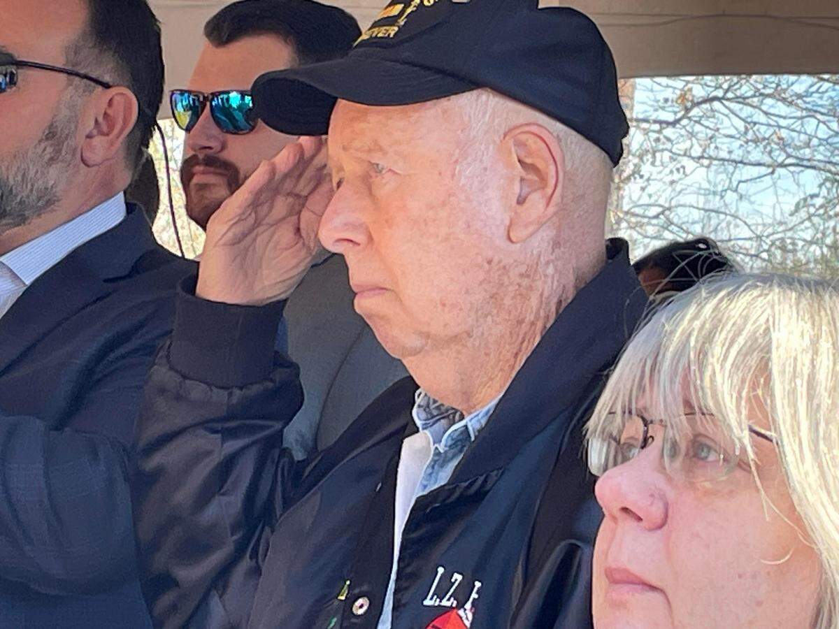 Vietnam veteran Tom McLendon salutes the American flag Friday at land tribute event for the future home of a Vietnam Veterans Memorial in Warner Robins. McLendon was recognized at the event for advocating for the memorial for over a decade.