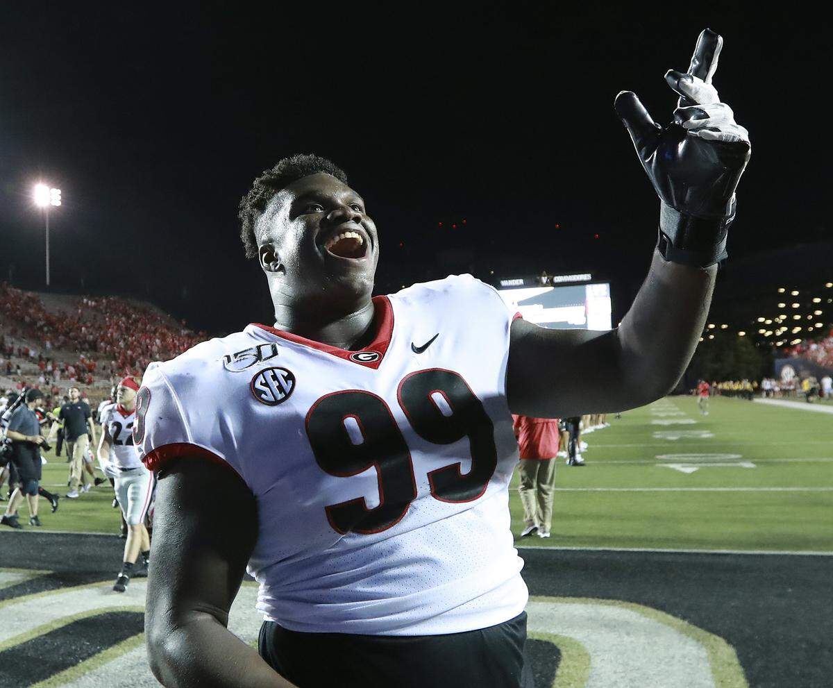 Georgia defensive lineman Jordan Davis celebrates a victory over Vanderbilt in an NCAA college football game Saturday, Aug. 31, 2019, in Nashville, Tenn.