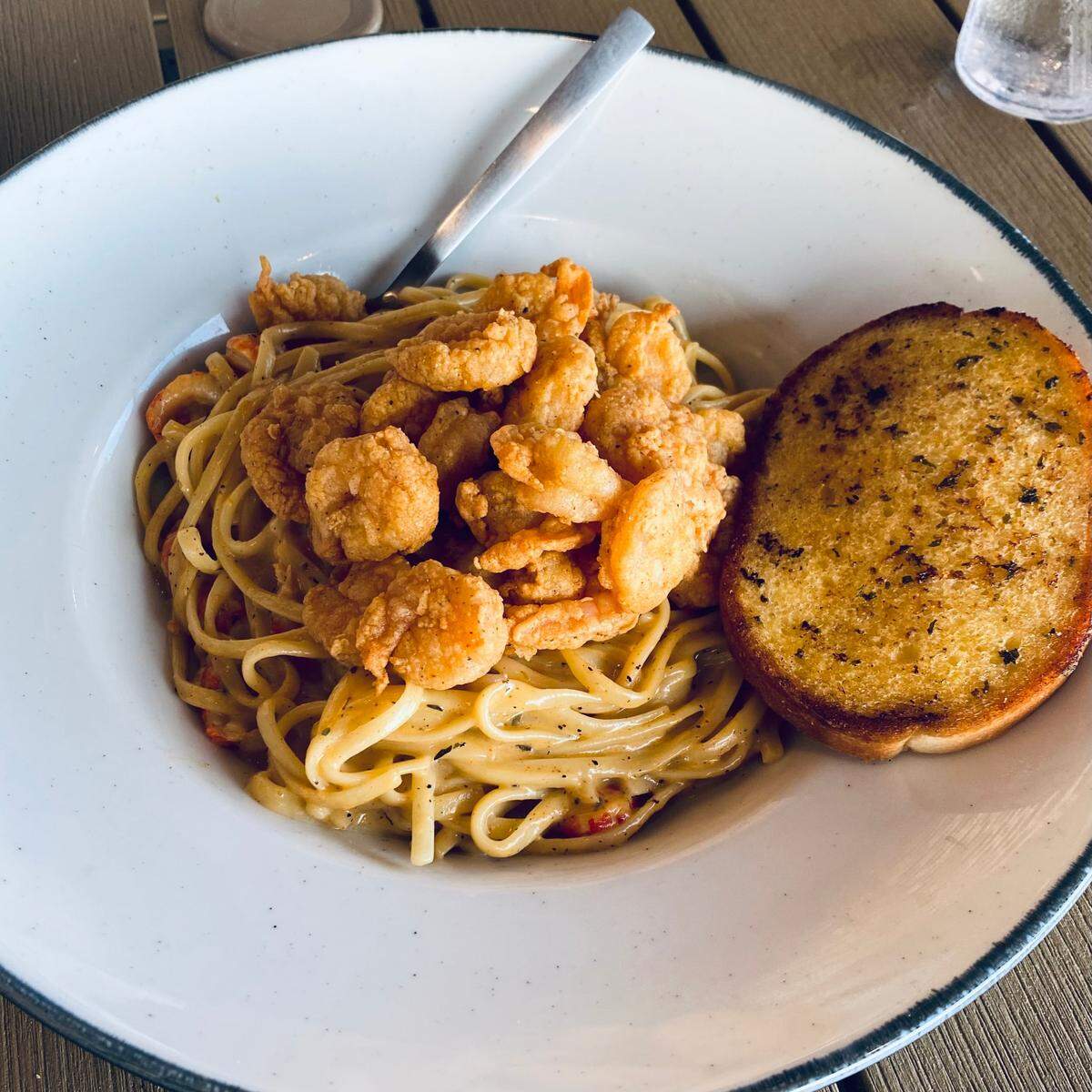 The Bayou Pasta was a linguine with a cream sauce and plenty of crawfish, and topped with fried shrimp!