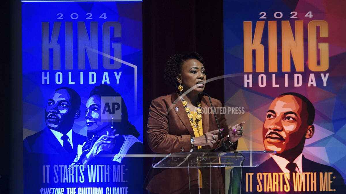 Bernice King daughter of Martin Luther King Jr., speaks during a news conference at the King Jr Center Thursday, Jan. 4, 2024, in Atlanta. (AP Photo/John Bazemore)