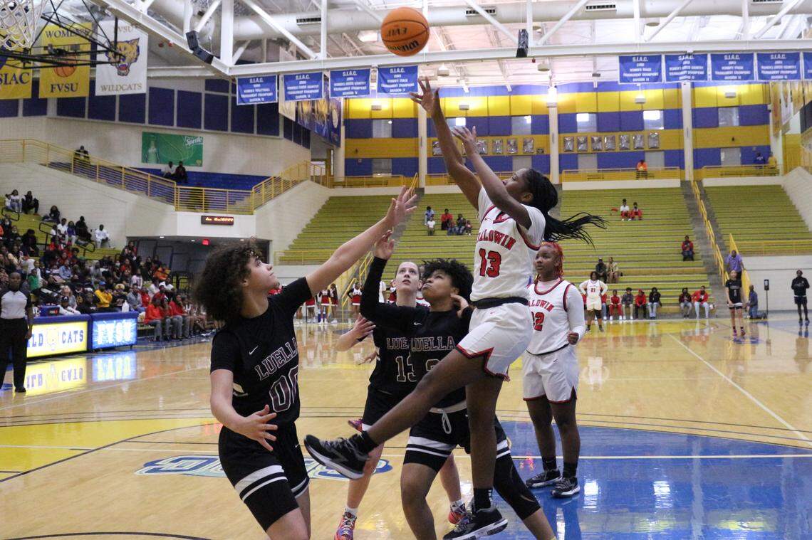 Baldwin’s Jasmine Williams (13) shoots a fadeaway during the Bravettes’ 63-53 loss to Luella in the GHSA 4A semifinal Friday at Fort Valley State University.