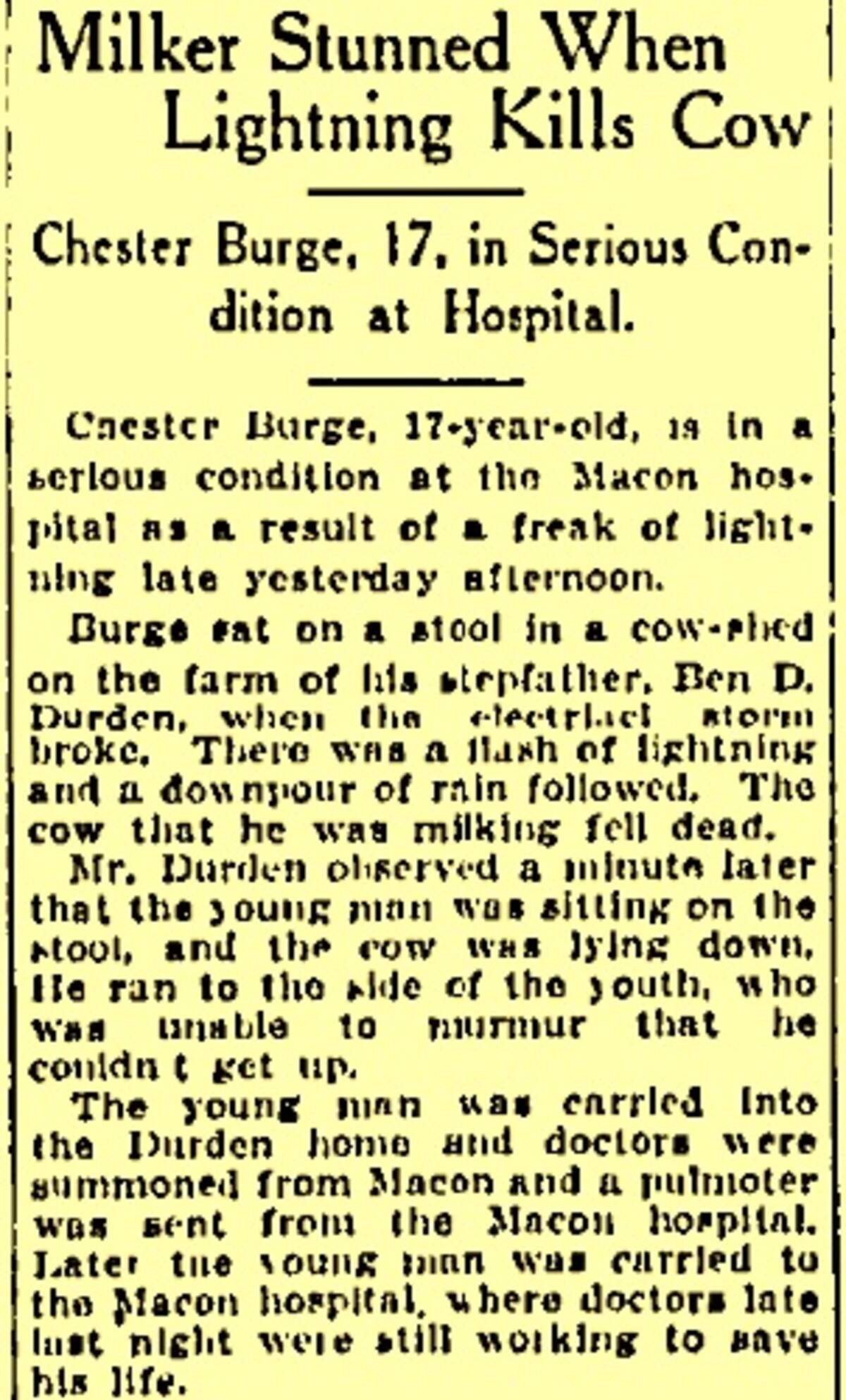 A clipping from The Telegraph when Chester Burge was struck by lightning as a teen.