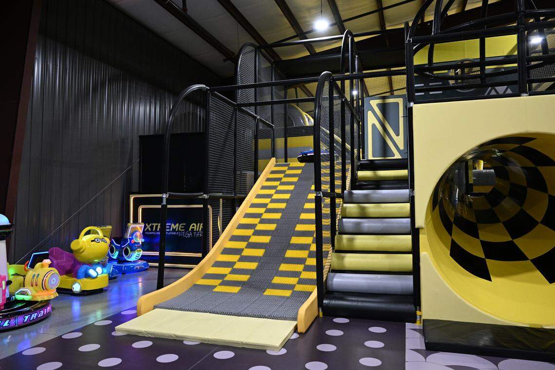 Kiddie rides and an artificial snow tube slide that’s part of a three-story playground for children 65 inches and below at the Xtreme Air Mega Park in Warner Robins.