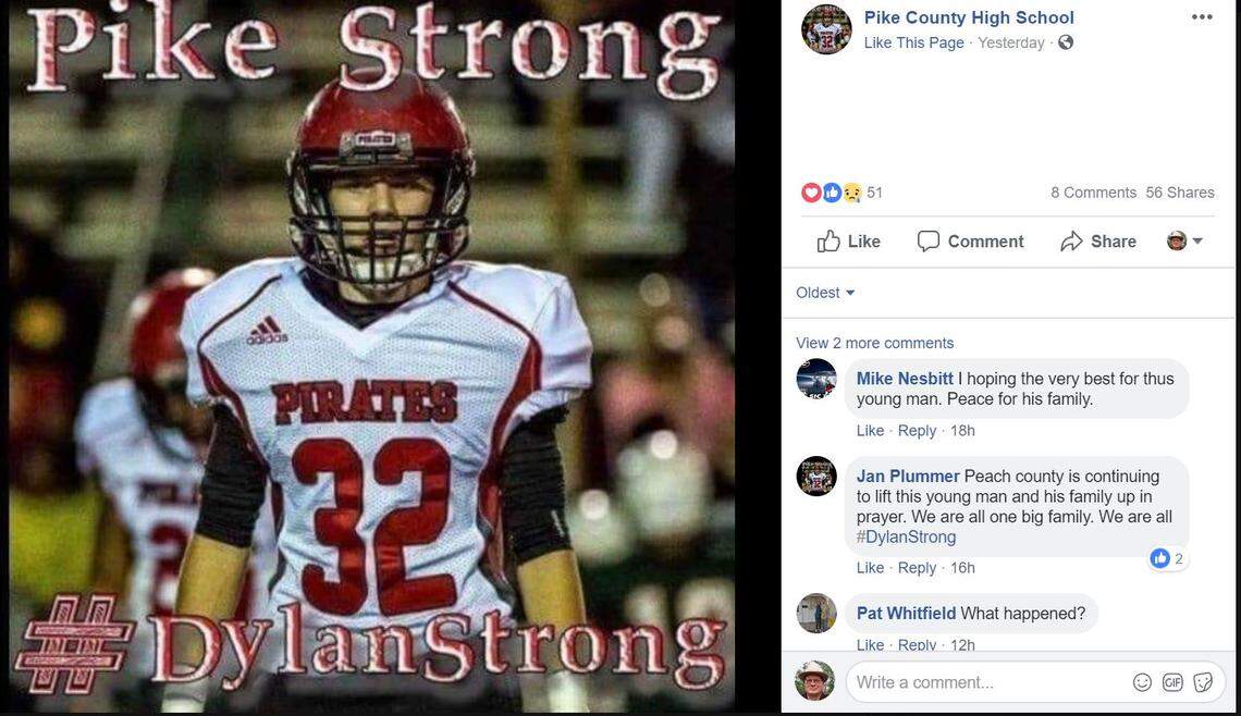 Pike County High School’s Facebook page shows a photo of Dylan Thomas, who died of a head injury after a game against Peach County on Friday.