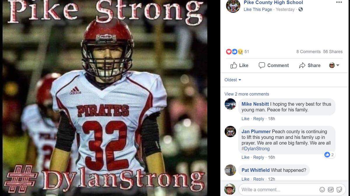 Pike County High School’s Facebook page shows a photo of Dylan Thomas, who died of a head injury after a game against Peach County on Friday.