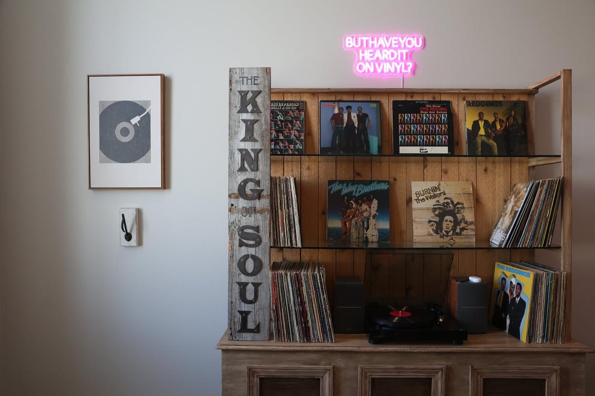 Vinyl records from Otis Redding and other artists sit in the ORCA lounge in the newly opened Otis Redding Center for the Arts on Saturday, March 22, 2025, in downtown Macon, Georgia. The Otis Redding Center for the Arts opened in March 2025 and is the new home for the Otis Redding Foundation’s music camps and youth programming. The building features lab spaces, practice rooms and studio space for students.