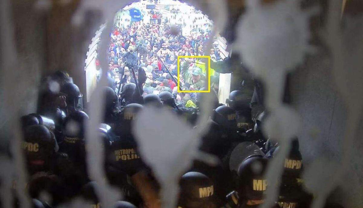 Prosecutors say this photo shows 50-year-old Michael Bradley, of Forsyth, in the U.S. Capitol riot on Jan. 6, 2021. Bradley was convicted Aug. 28, 2024.